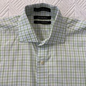 Saks Fifth Avenue Men’s Slim Fit Long Sleeve Shirt Blue & Green Check Size 16/32